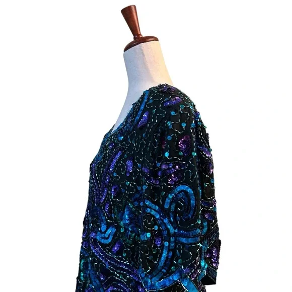 Laurence Kazar Top XL Blue Silk Blouse Sequined Beaded Vintage VTG 80s Scalloped - Picture 7 of 12